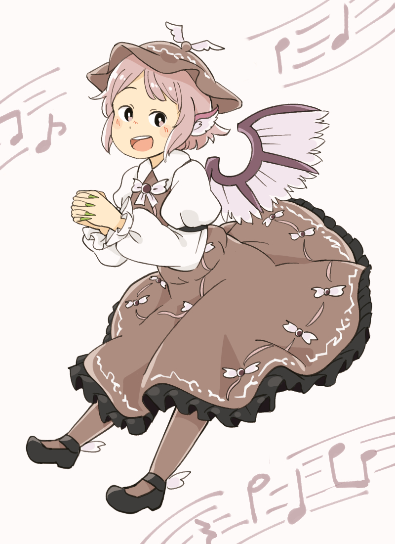 1girl, :d, beamed_quavers, bird_ears, bird_wings, blush_stickers, chii-kun_(seedyoulater), collar