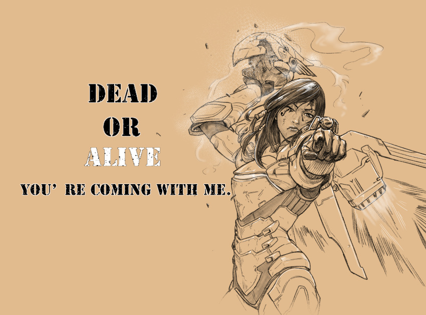 1girl, arm_up, armor, brown_background, clenched_hand, commentary, cowboy_shot, english, eye_of_horus, facial_mark, facial_tattoo, flying, hair_tubes, headwear_removed, helmet, helmet_removed, highres, holding, holding_helmet, jetpack, lips, looking_at_viewer, mechanical_wings, monochrome, multiple_monochrome, nose, one_eye_closed, overwatch, pharah_(overwatch), power_armor, rio_skywalker, side_braids, simple_background, smoke, solo, tattoo, wings