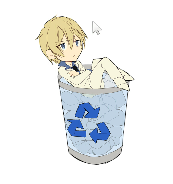 1boy, alice?_(are_you_alice?), are_you_alice?, basket, blonde_hair, blue_eyes, closed_mouth, formal, male_focus, pixiv_id_168238, short_hair, simple_background, solo, white_background