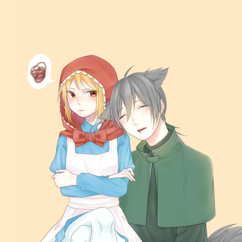 2boys, akazukin_no_ookami, animal_ears, blonde_hair, blush, brown_hair, camille_(akazukin_no_ookami), cape