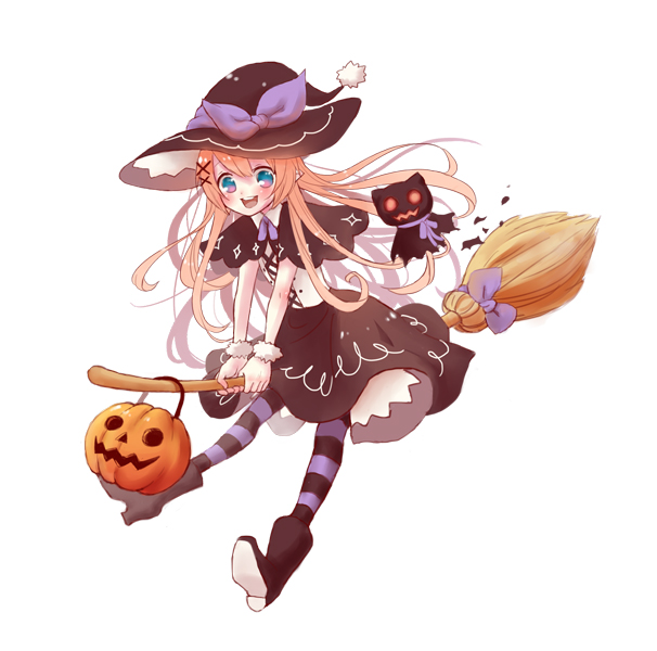 1girl, :d, black_boots, black_skirt, blush, boots, broom, broom_riding
