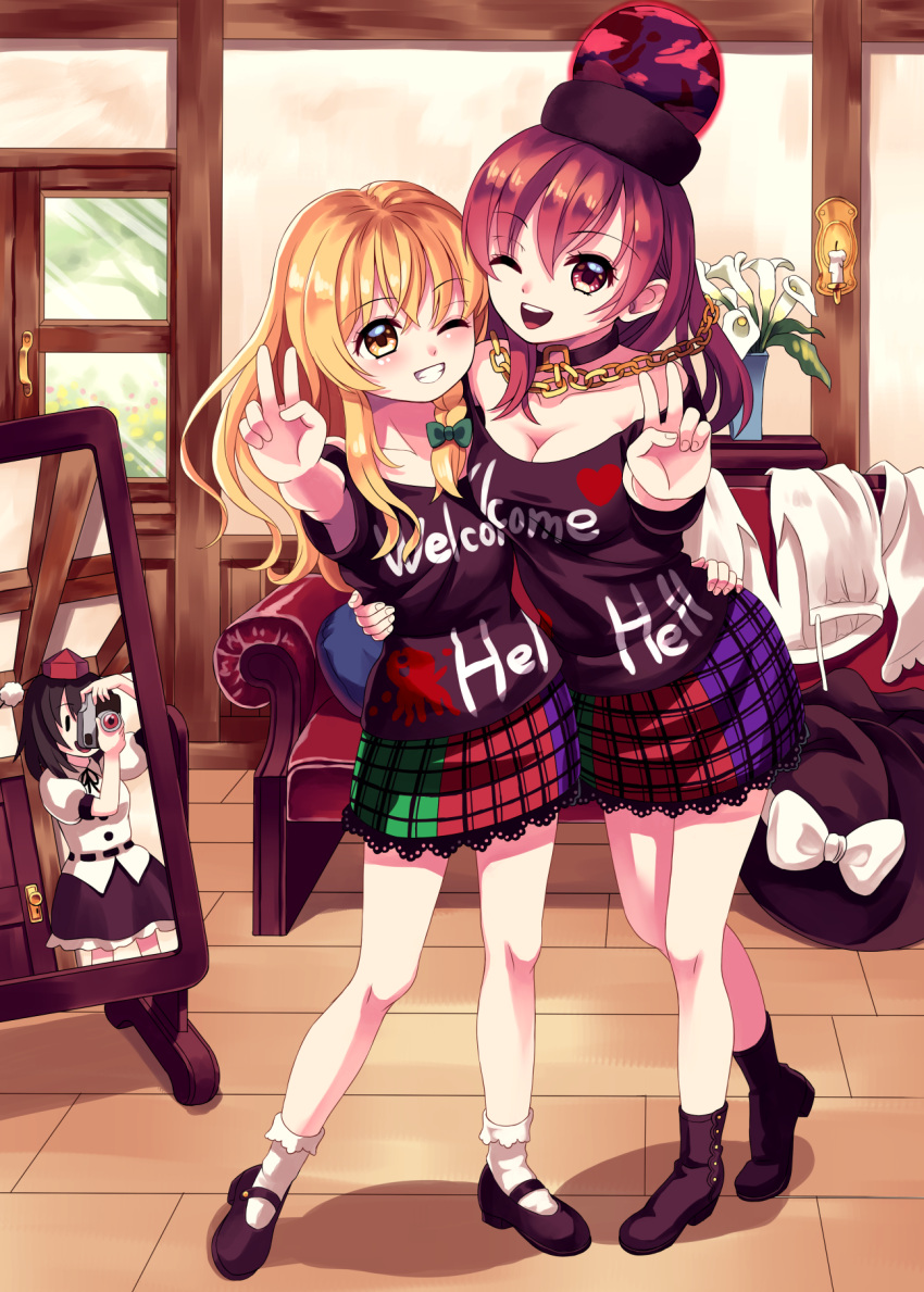 3girls, bare_legs, bare_shoulders, belt, black_hair, black_shirt, black_skirt, blonde_hair