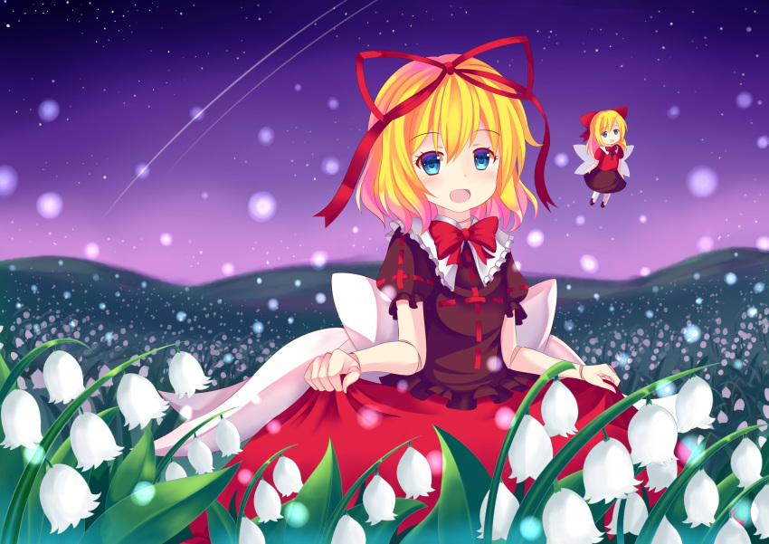 2girls, absurdres, asusilver_(artist), black_shirt, blonde_hair, blush, bow, bowtie, brown_skirt, doll, doll_joints, eyebrows_visible_through_hair, fairy_wings, flower, frilled_sleeves, frills, hair_between_eyes, hair_ribbon, head_tilt, highres, light_particles, lily_(flower), long_hair, medicine_melancholy, multiple_girls, night, night_sky, outdoors, puffy_short_sleeves, puffy_sleeves, red_bow, red_bowtie, red_ribbon, red_shirt, red_skirt, ribbon, shirt, shooting_star, short_sleeves, skirt, skirt_hold, sky, star_(sky), starry_sky, su-san, touhou, wings