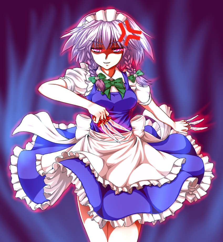>:), 1girl, anger_vein, angry, apron, aura, bangs, blue_dress