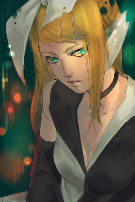 blonde_hair, choker, green_eyes, kagamine_rin, kagamine_rin_(meltdown), meltdown_(vocaloid), realistic, roshin_yuukai_(vocaloid)