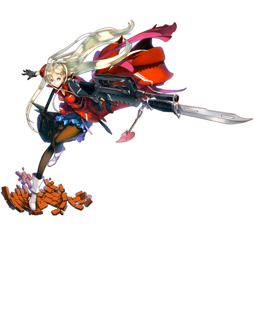 1girl, aiming, assault_rifle, bag, bayonet, black_gloves, black_legwear, blue_dress