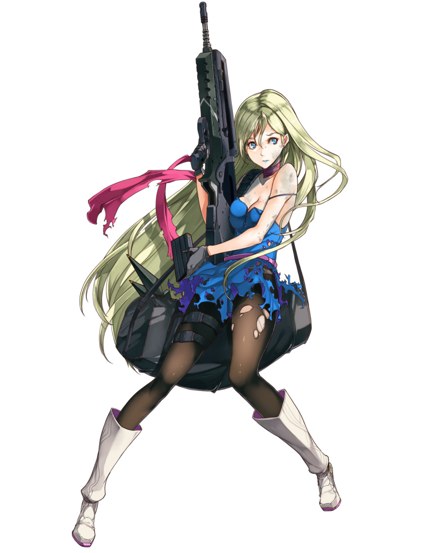 1girl, ammunition, assault_rifle, bag, belt, blue_eyes, blue_hair, boots