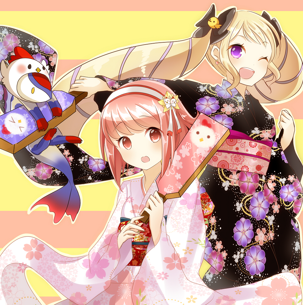 2girls, ;d, bird, blonde_hair, bow, chicken, earrings, elise_(fire_emblem_if)