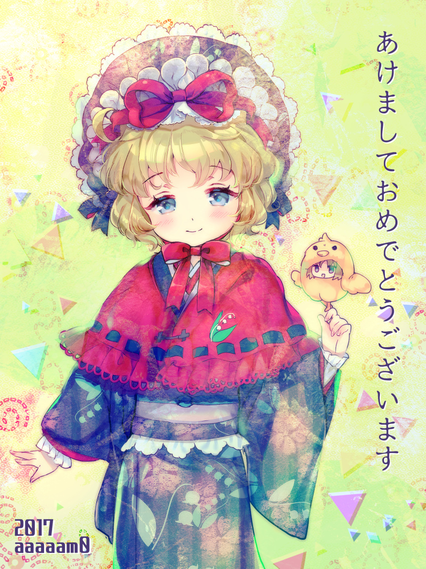 2017, adapted_costume, amo, artist_name, black_kimono, blonde_hair, blue_eyes, blush