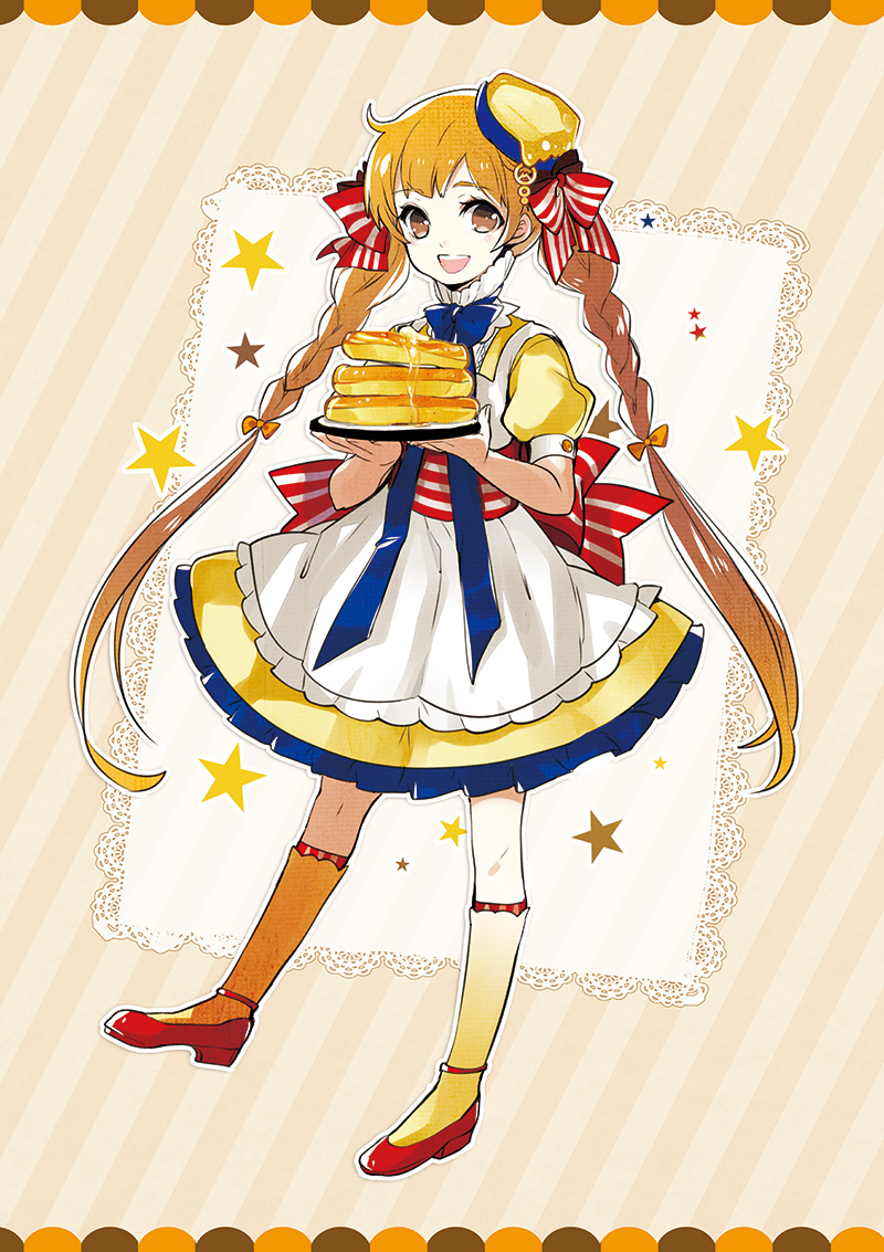1girl, :d, apron, blue_bow, bow, braid, brown_eyes, brown_hair