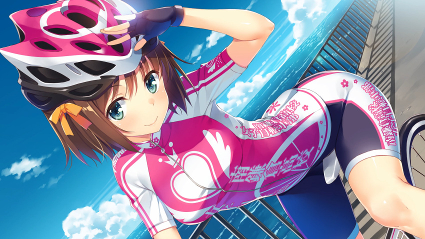 1girl, artist_request, bangs, bicycle, bicycle_helmet, bike_jersey, bike_shorts, black_gloves, blue_sky, bow, breasts, brown_hair, character_name, closed_mouth, clothes_writing, clouds, cloudy_sky, end_card, eyebrows_visible_through_hair, fingerless_gloves, gloves, green_eyes, ground_vehicle, hair_bow, heart, heart_print, helmet, highres, hiromi_maiharu, looking_at_viewer, minami-kamakura_koukou_joshi_jitensha-bu, ocean, orange_bow, outdoors, railing, shading_eyes, short_hair, sky, smile, water