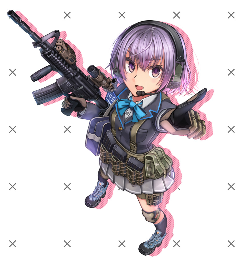 ammunition_pouch, asato_miyo, dreadtie, gloves, gun, headset, highres, holding, holding_gun, holding_weapon, knee_pads, little_armory, magazine_(weapon), purple_hair, rifle, short_hair, solo, violet_eyes, weapon