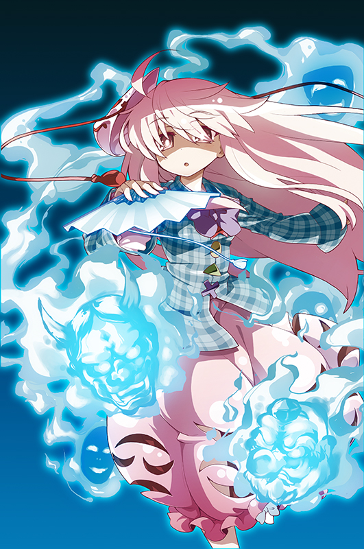 1girl, ahoge, akaneya, blue_background, bow, bubble_skirt, buttons, collared_shirt