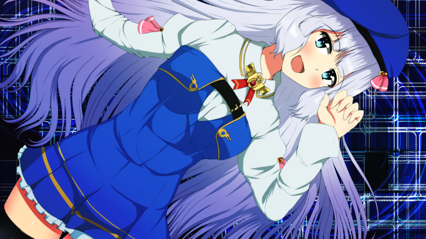 1girl, absurdres, aqua_eyes, background, beret, breasts, dress, gundam