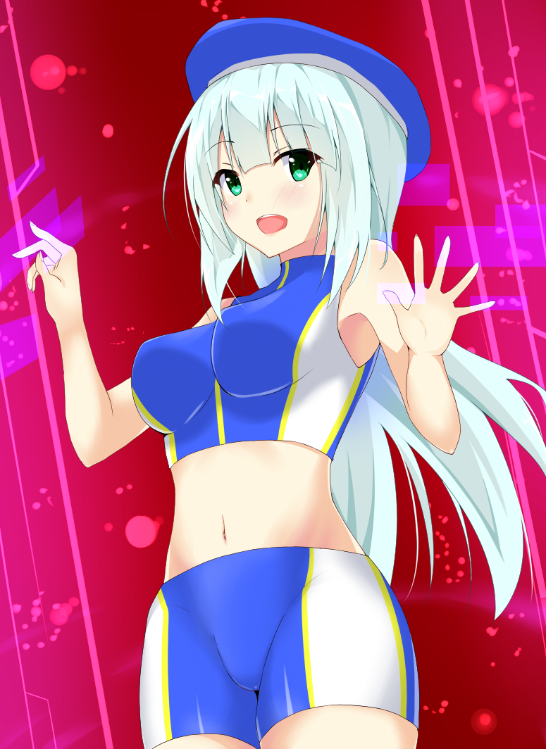1girl, akatsuki, aqua_eyes, bare_shoulders, beret, bike_shorts, blush, breasts