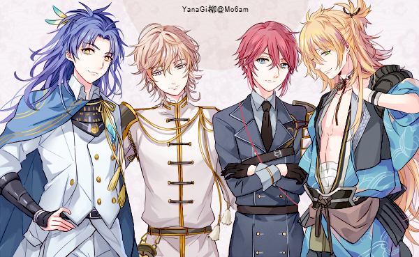 4boys, alternate_hair_length, alternate_hairstyle, armor, black_gloves, blonde_hair, blue_hair, cape