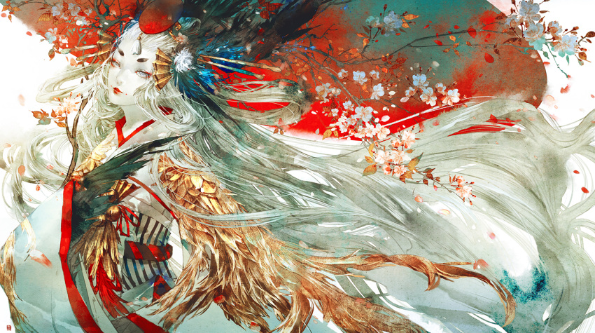 1girl, beads, black_wings, closed_mouth, eyelashes, eyeliner, fan, feathered_wings