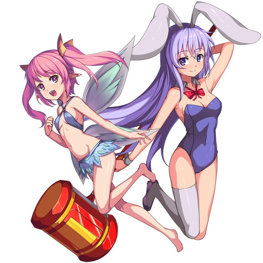 2girls, animal_ears, armpits, arms_up, artist_request, bare_shoulders, barefoot, bikini_top, breasts, bunnysuit, cleavage, detached_collar, erina_(rabi-ribi), fairy, fairy_wings, highres, leotard, long_hair, mallet, miniskirt, multiple_girls, navel, official_art, open_mouth, pink_eyes, pink_hair, pointy_ears, purple_hair, rabbit_ears, rabi-ribi, ribbon, ribbon_(rabi-ribi), shoes, single_thighhigh, skirt, small_breasts, smile, thigh-highs, transparent_background, twintails, very_long_hair, violet_eyes, white_legwear, wings, wrist_cuffs