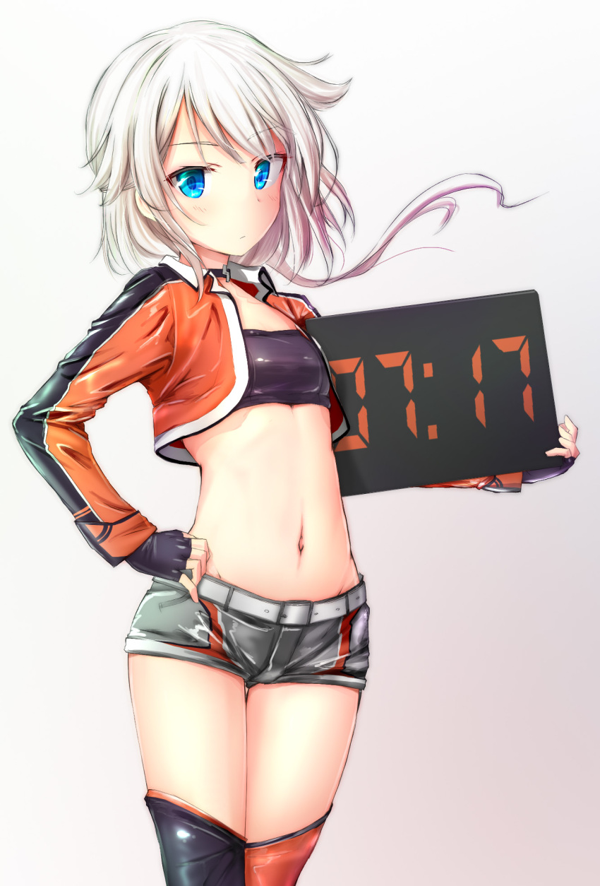 1girl, basa_rutan, belt, black_gloves, blue_eyes, cevio, fingerless_gloves, gloves, highres, long_hair, looking_at_viewer, midriff, navel, one_(cevio), racequeen, shorts, silver_hair, solo, thigh-highs