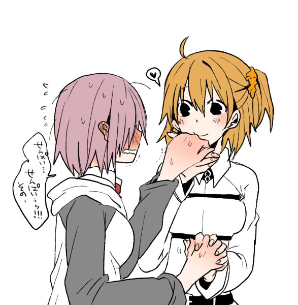 2girls, ahoge, blush, breasts, collared_shirt, fate/grand_order, fate_(series), flying_sweatdrops