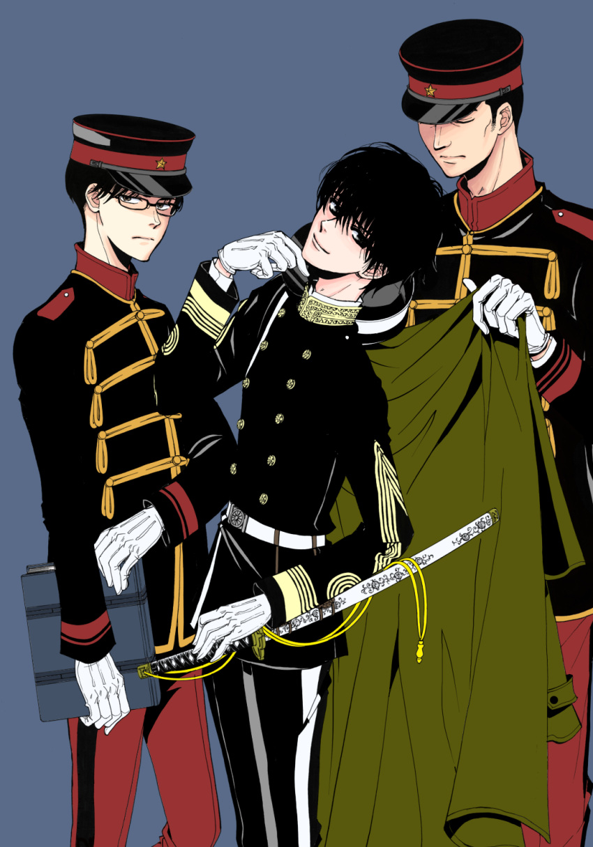 black_hair, glasses, gloves, higashiyama_kazuko, highres, katana, military, military_uniform