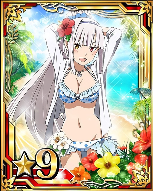 1girl, arms_behind_head, beach, bikini, breasts, card_(medium), cleavage, flower