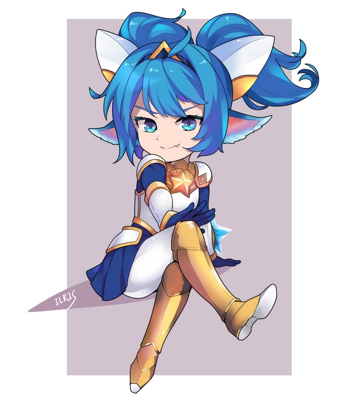 1girl, animal_ears, arm_support, armor, blue_eyes, blue_hair, boots, fang, gloves, grey_background, hair_ornament, ilris, league_of_legends, legs_crossed, looking_at_viewer, matching_hair/eyes, pleated_skirt, poppy, signature, simple_background, sitting, skirt, smile, solo, star, star_guardian_poppy, twintails