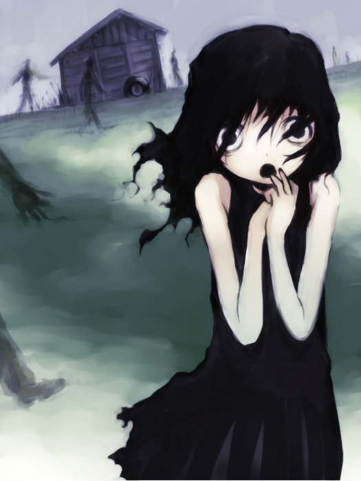 akita_morgue, black_hair, child, creepy, ghost, grass, house, kikai_(akita_morgue)