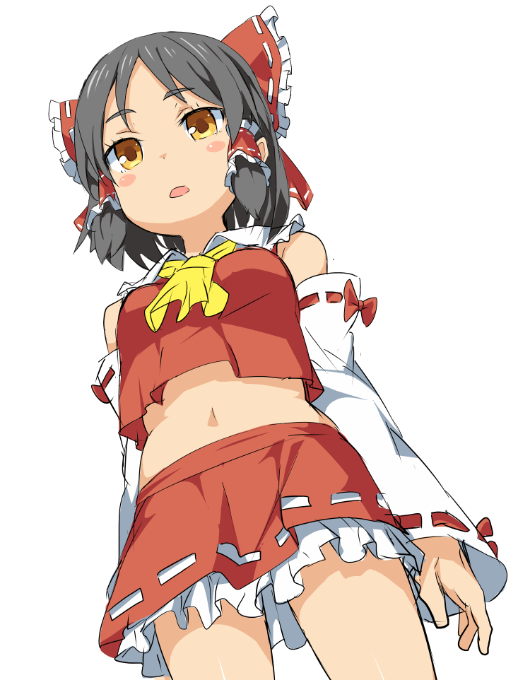 1girl, ascot, bangs, benjamin_button_suukina_jinsei, black_hair, blush_stickers, bow, breasts