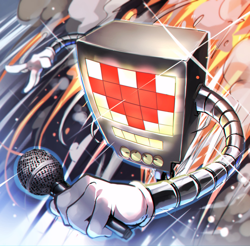 1boy, benjamin_button_suukina_jinsei, commentary_request, full_body, gloves, holding, holding_microphone, mettaton