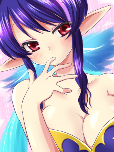blue_hair, blush, breasts, cleavage, finger_licking, judith, large_breasts, licking