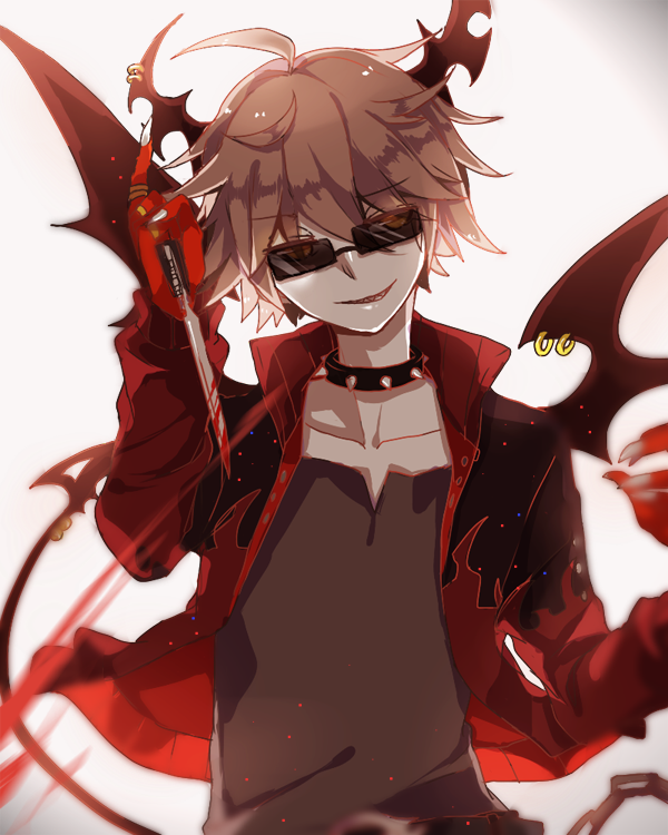 1boy, ahoge, bat_wings, blood, brown_hair, dagger, demon_boy, demon_tail, emalf, glasses, haiiro_teien, holding, holding_weapon, horns, knife, male_focus, smile, solo, tail, weapon, wings