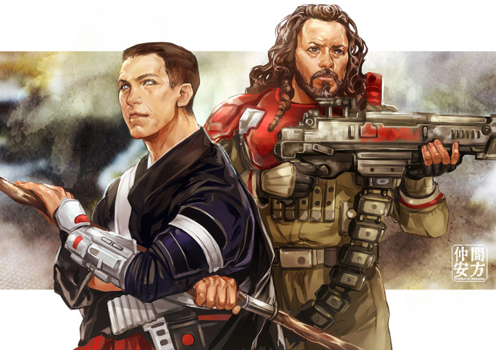 2boys, armor, baze, beard, blind, chirrut, energy_weapon, facial_hair