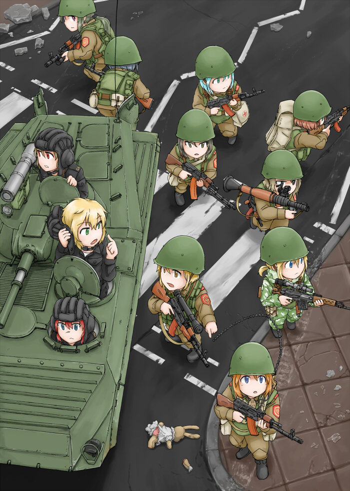 6+girls, aiming, ak-74, aks-74u, aqua_hair, assault_rifle, blonde_hair, blue_eyes