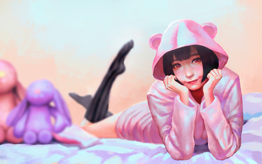 1girl, akuseru_arumaa, animal_ears, bear_ears, black_hair, blurry, depth_of_field, fake_animal_ears, head_rest, higashikata_daiya, hood, jojo_no_kimyou_na_bouken, jojolion, kneehighs, lying, no_shoes, on_stomach, realistic, red_eyes, smile, solo, stuffed_animal, stuffed_bunny, stuffed_toy