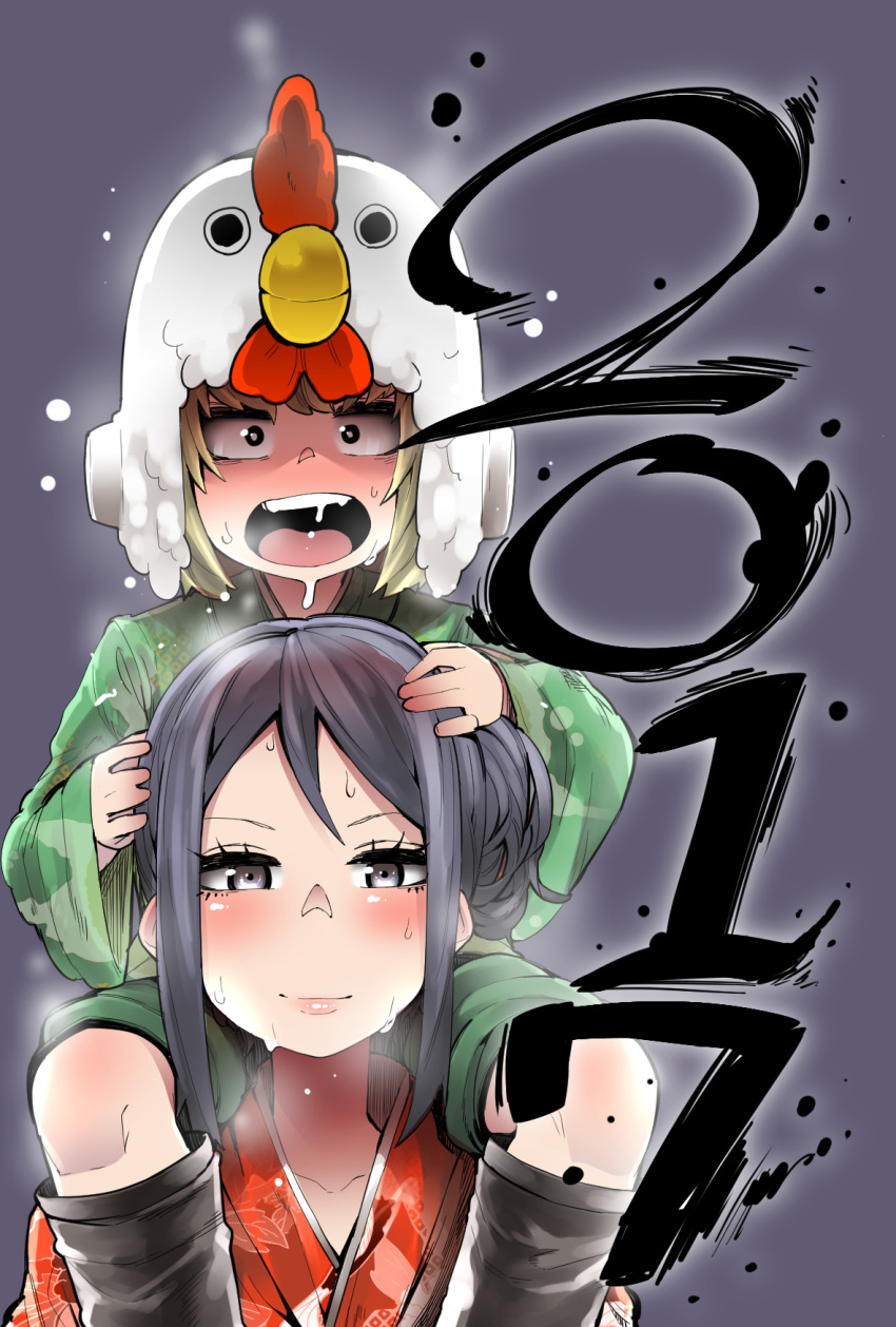 2017, 2girls, bird, black_hair, blonde_hair, blush, boots, carrying, chicken, chicken_costume, commentary_request, girls_und_panzer, green_kimono, grey_background, grey_eyes, hair_up, hairband, hand_on_another's_head, hat, helmet, highres, japanese_clothes, katyusha, kimono, leaf_print, long_hair, long_sleeves, looking_at_viewer, multiple_girls, new_year, nonna, open_mouth, red_kimono, short_hair, short_kimono, shoulder_carry, smile, snow, snowing, wet, wet_clothes, wide_sleeves, year_of_the_rooster, yonyon_(yotayota_honpo)