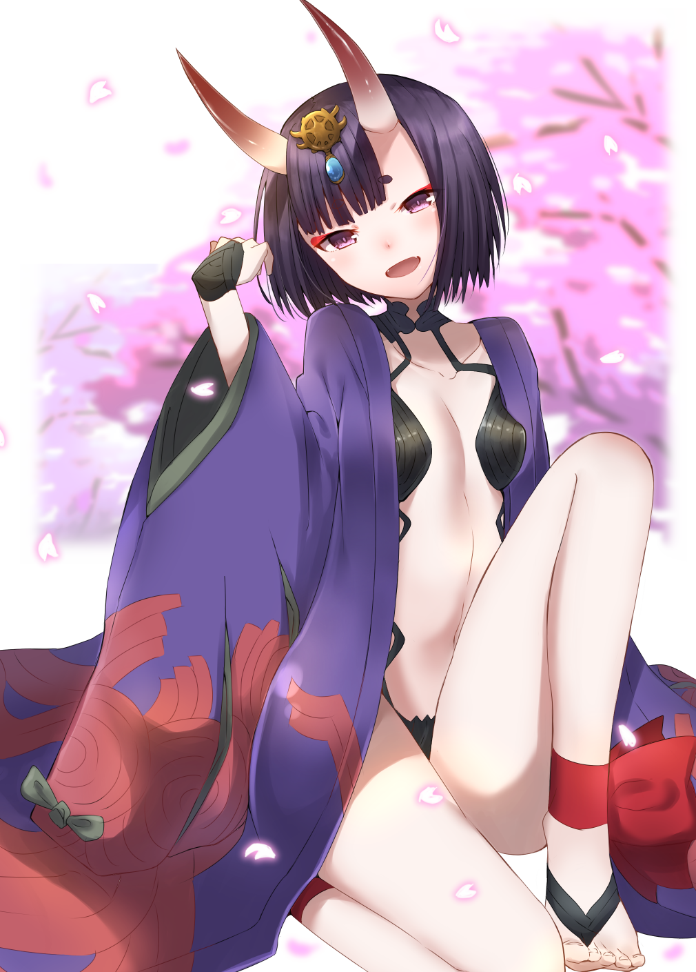 1girl, :d, anklet, barefoot, blurry, blurry_background, breasts, cherry_blossoms