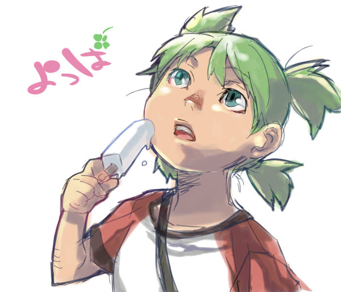green_eyes, green_hair, koiwai_yotsuba, looking_up, lowkick_love_association, medori, popsicle, quad_tails