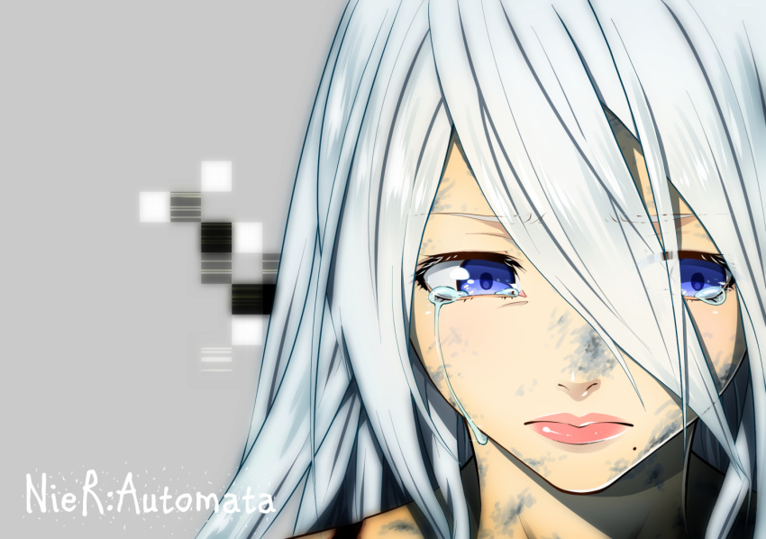 1girl, blue_eyes, closed_mouth, copyright_name, crying, crying_with_eyes_open, dirty_face, eyebrows_visible_through_hair