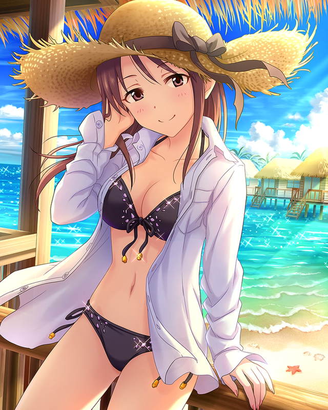 1girl, artist_request, beach, bikini, black_bikini, blouse, blush, breasts