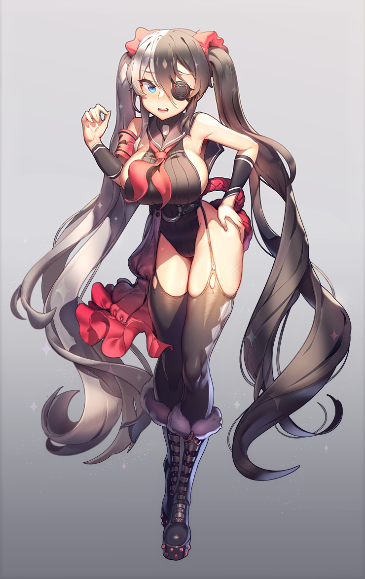 1girl, belt, black_boots, black_hair, black_legwear, blade_&amp;_soul, blue_eyes, boots