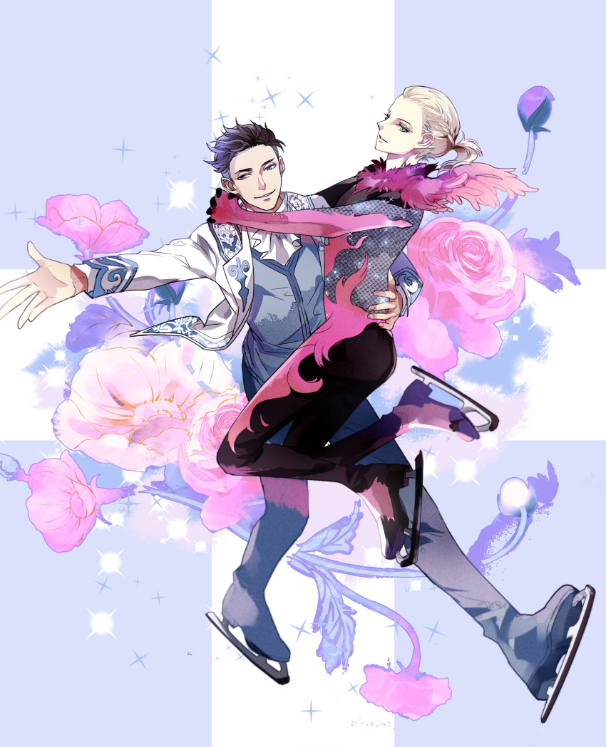 2boys, black_hair, blonde_hair, braid, carrying, flower, green_eyes, grey_eyes, highres, ice_skates, male_focus, manman_mumu, multiple_boys, otabek_altin, ponytail, rose, skates, smile, sparkle, yuri!!!_on_ice, yuri_plisetsky