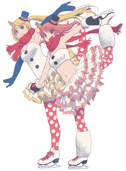 2girls, arm_up, bandeau, blonde_hair, blue_eyes, blue_gloves, bright_pupils, carrot, elbow_gloves, food, food_on_head, gloves, hat, ice_skates, looking_at_viewer, mini_hat, mini_top_hat, mittens, multiple_girls, object_on_head, official_art, pantyhose, pink_eyes, pink_hair, polka_dot, polka_dot_legwear, reset_(wonder_festival), scarf, skates, skating, smile, snowman_costume, strapless, thigh-highs, top_hat, wanda_(wonder_festival), wonder_festival, wonder_festival_mascots