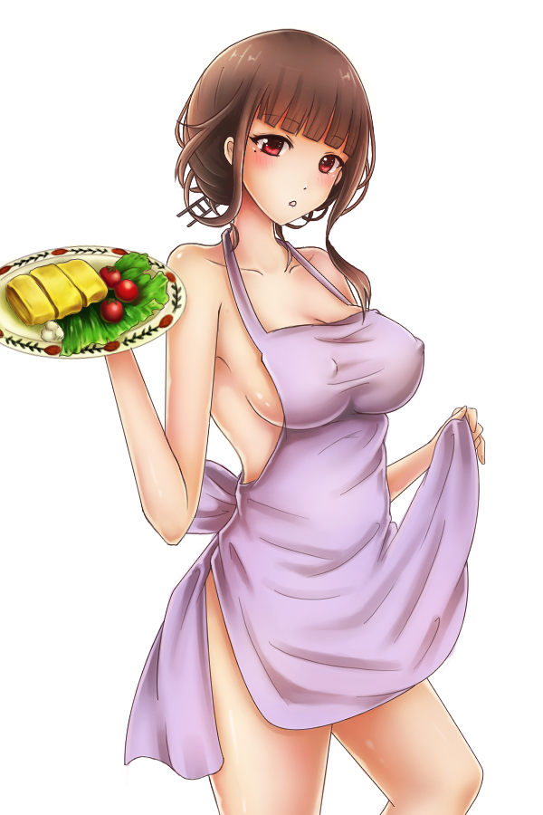 apron, apron_lift, bangs, blunt_bangs, blush, breasts, brown_hair, cleavage