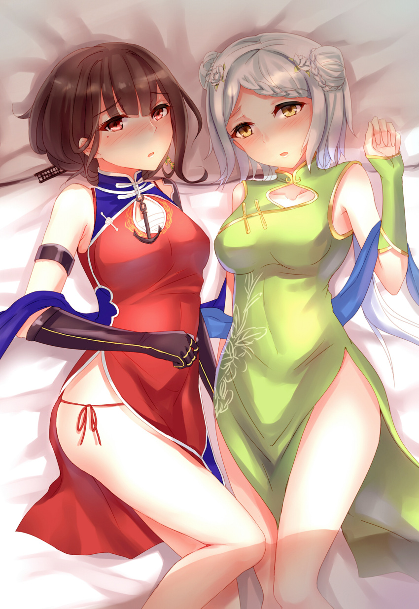 2girls, aurora_(warship_girls_r), blush, breasts, china_dress, chinese_clothes, chongqing_(warship_girls_r), cleavage_cutout