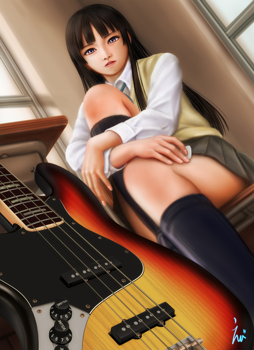 1girl, akiyama_mio, bangs, bass_guitar, black_hair, dutch_angle, ebi_(eeotoko), from_below, highres, instrument, k-on!, leg_hug, leg_lift, lips, long_hair, looking_at_viewer, nose, pleated_skirt, plectrum, school_uniform, sitting, skirt, socks, solo, sweater_vest, violet_eyes