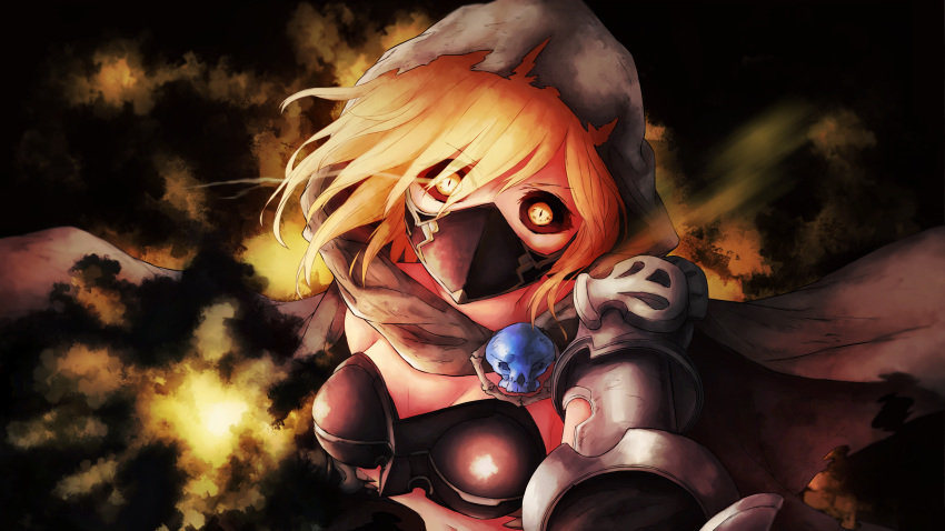 1girl, black_sclera, blonde_hair, breastplate, breasts, capelet, chaos_ruler_(granblue_fantasy), djeeta_(granblue_fantasy)