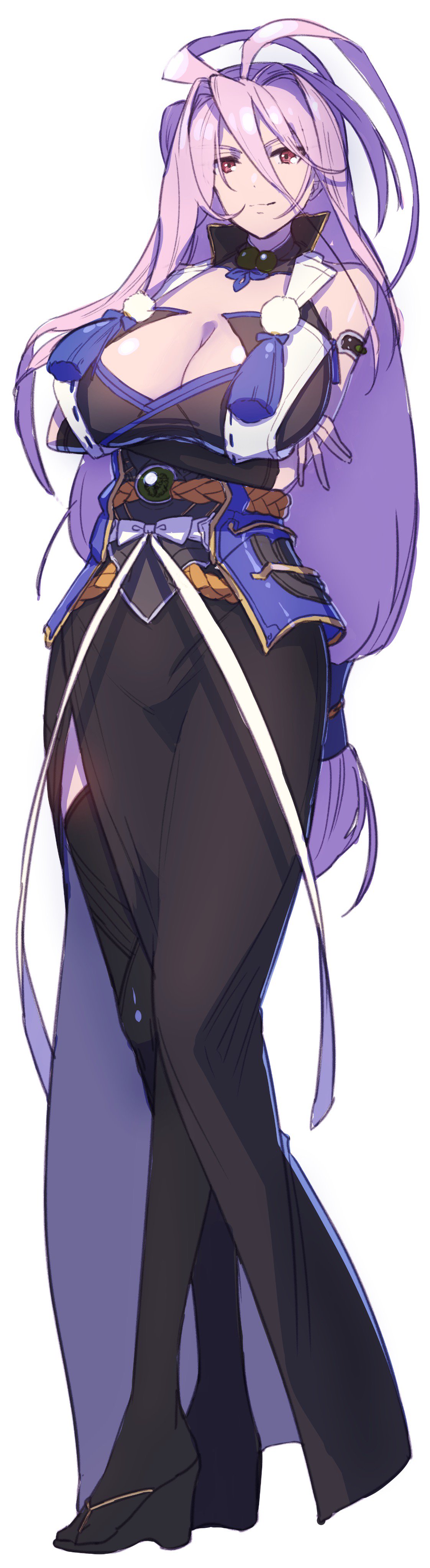 1girl, absurdres, antenna_hair, bare_shoulders, black_legwear, breasts, cleavage, crossed_arms, female, full_body, genderswap, genderswap_(mtf), geta, highres, hiro_(menomae), japanese_clothes, large_breasts, lavender_hair, long_hair, looking_at_viewer, low-tied_long_hair, low_ponytail, pom_pom_(clothes), red_eyes, sengo_muramasa_(touken_ranbu), simple_background, solo, standing, tabi, touken_ranbu, very_long_hair, white_background