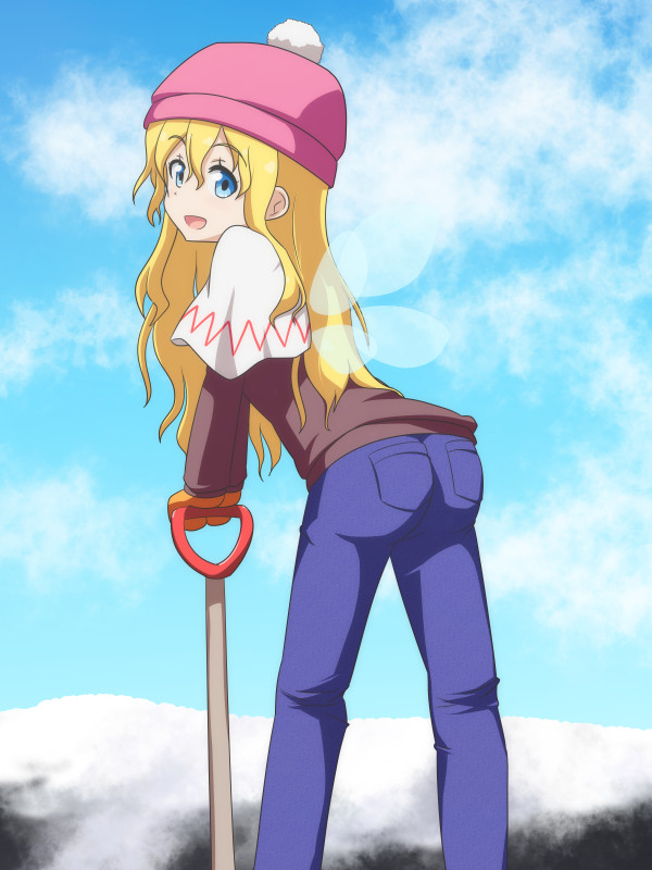 1girl, :d, alternate_costume, arched_back, blonde_hair, blue_eyes, capelet, cato_(monocatienus)
