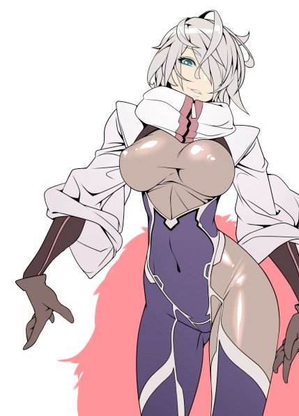1girl, asymmetrical_clothes, black_gloves, blue_eyes, bodysuit, breasts, contrapposto, covered_navel